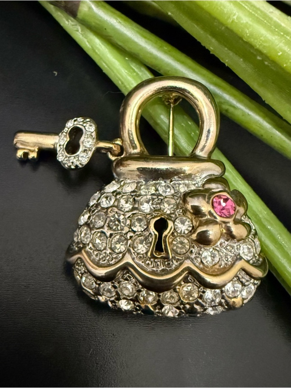 Genuine Pave Crystals Handbag with Key Gold-tone Brooch